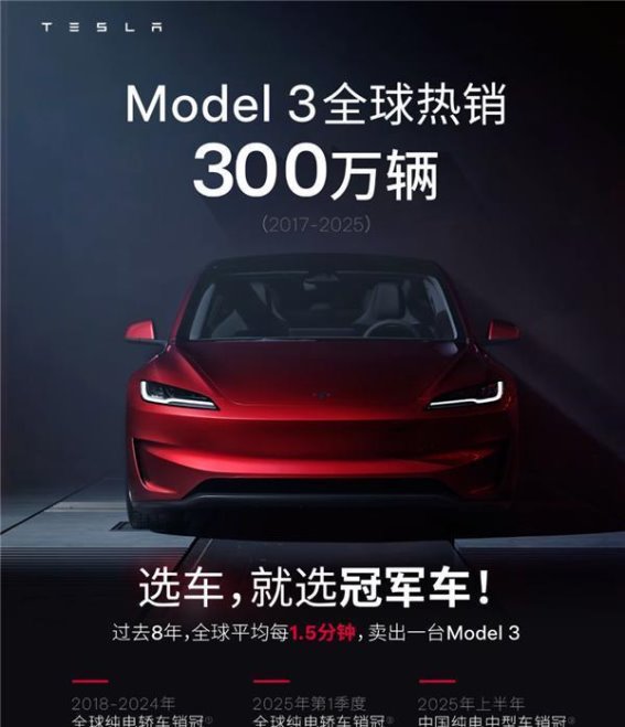 特斯拉Model 3全球销量突破300万辆，电动轿车传奇